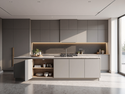 现代公寓厨房，开放式设计，现代厨具，储物功能强大，整洁美观