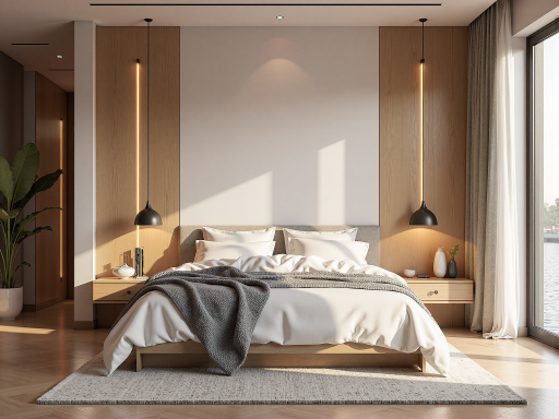 现代公寓卧室，简约床品，温馨氛围，收纳功能完善