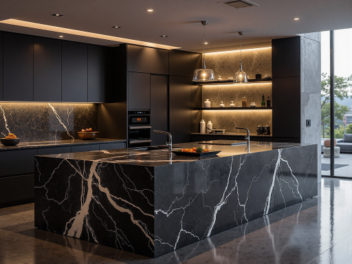 豪华别墅厨房区域，现代化设备，大理石台面，开放式设计，空间通透