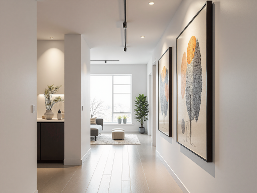 豪华别墅走廊过道，现代设计，艺术品装饰，空间层次分明