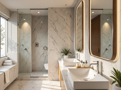 极简风格浴室,白色瓷砖墙面,简洁洗手台,镜面柜体,干湿分离设计,空间整洁有序