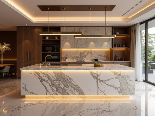 现代公寓改造项目,开放式厨房配客厅,简约家具,温馨灯光,小户型大空间效果