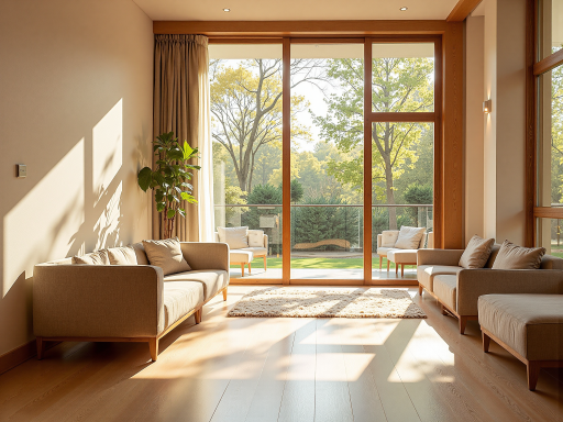 现代简约风格客厅,白色墙面配浅色木质地板,简洁线条沙发,大面积落地窗,光线充足,空间开阔