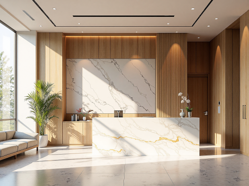 办公室前台区域，现代商务风格，接待台设计，企业形象展示