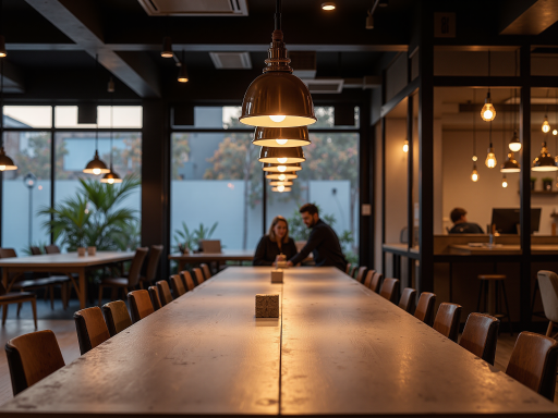 餐厅大厅，工业风格装修，金属吊灯，木质桌椅，氛围温馨