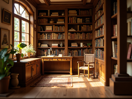 中式古典书房,红木书桌书柜,古典字画装饰,竹制屏风,营造浓厚的文化氛围